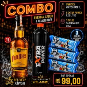 1 Whiskey White Horse de 1 Litro + 1 Extra Power de 1,25 Litros + 3 Gelos Saborizados de Coco