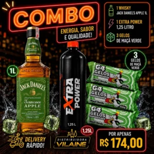 1 Whiskey Jack Daniels Maçã Verde de 1 Litro + Extra Power de 1,25 Litros + 3 Gelos Saborizados de Maça Verde