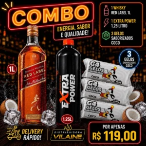 1 Whisky Red Label 1 Litro + 1 Extra Power 1,25 Litros + 3 Gelos Saborizados de coco